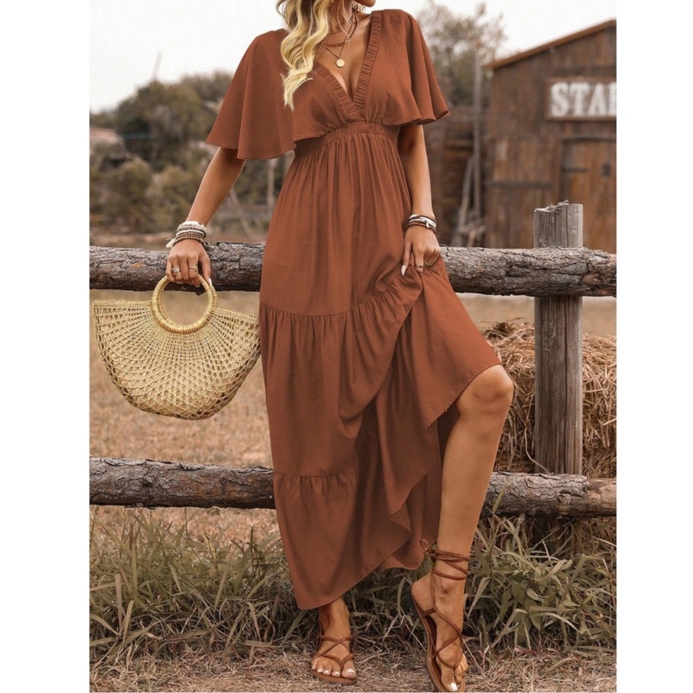 Boho Rust V Neck Butterfly Sleeve Stretchy Waist Maxi Dress S M L XL